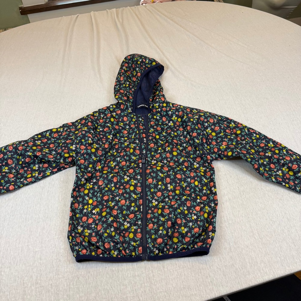 Lands End Kids Girls Floral Print Lightweight Hooded windbreaker Jacket Size 7 L